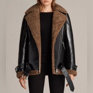 All Saints Hawley Oversized Shearling and Leather Black Brown Coat Jacket Small